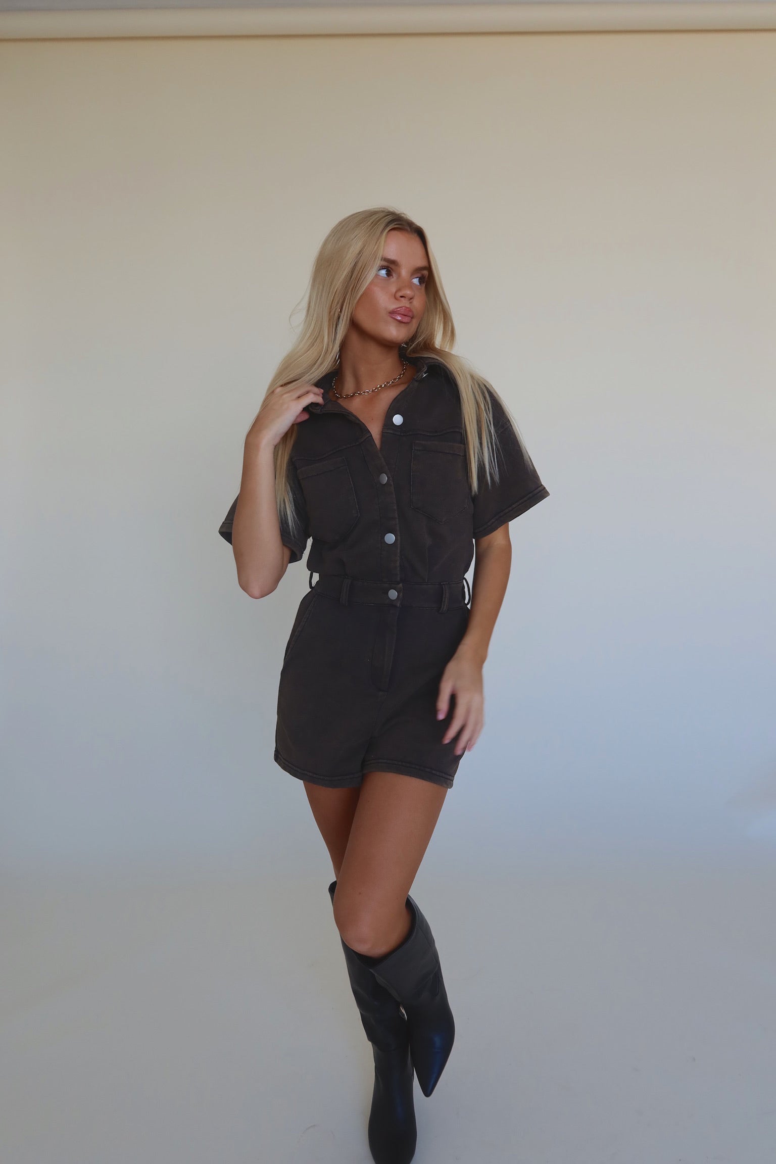 Washed Brown Short Sleeve Romper