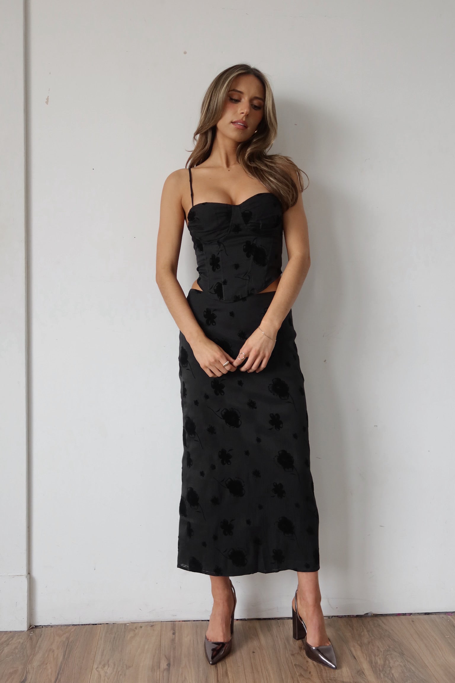 Tia Velvet Floral Midi Skirt