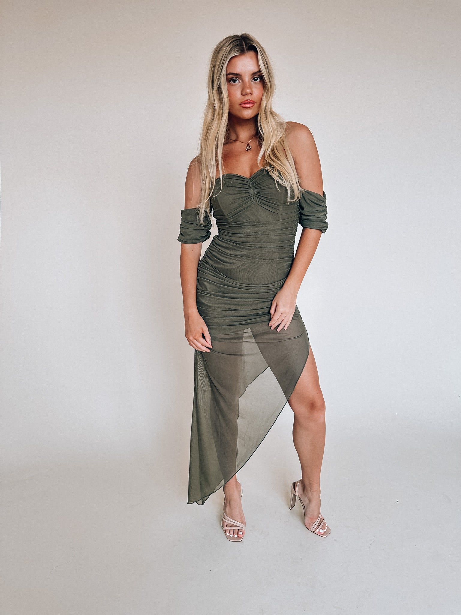 Olive Ruched Midi Dress