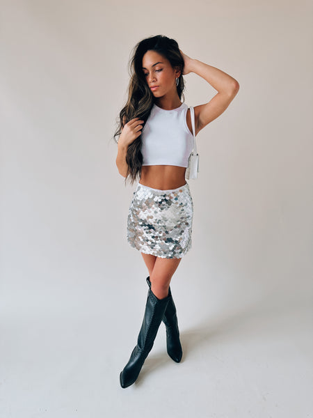 Silver sequin shop mini skirt outfit