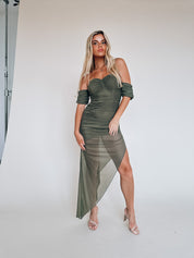 Olive Ruched Midi Dress