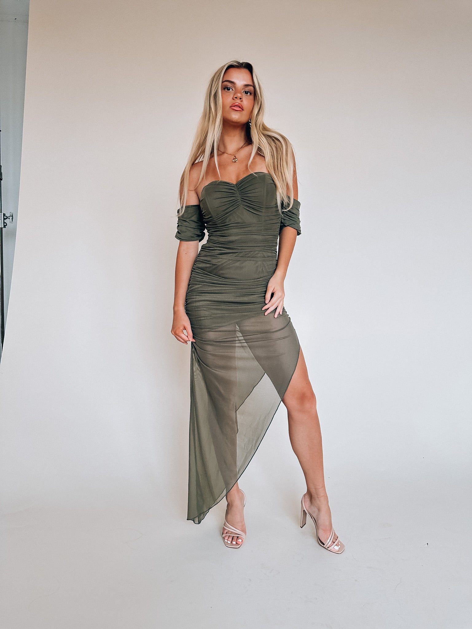 Olive Ruched Midi Dress