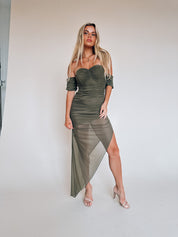 Olive Ruched Midi Dress