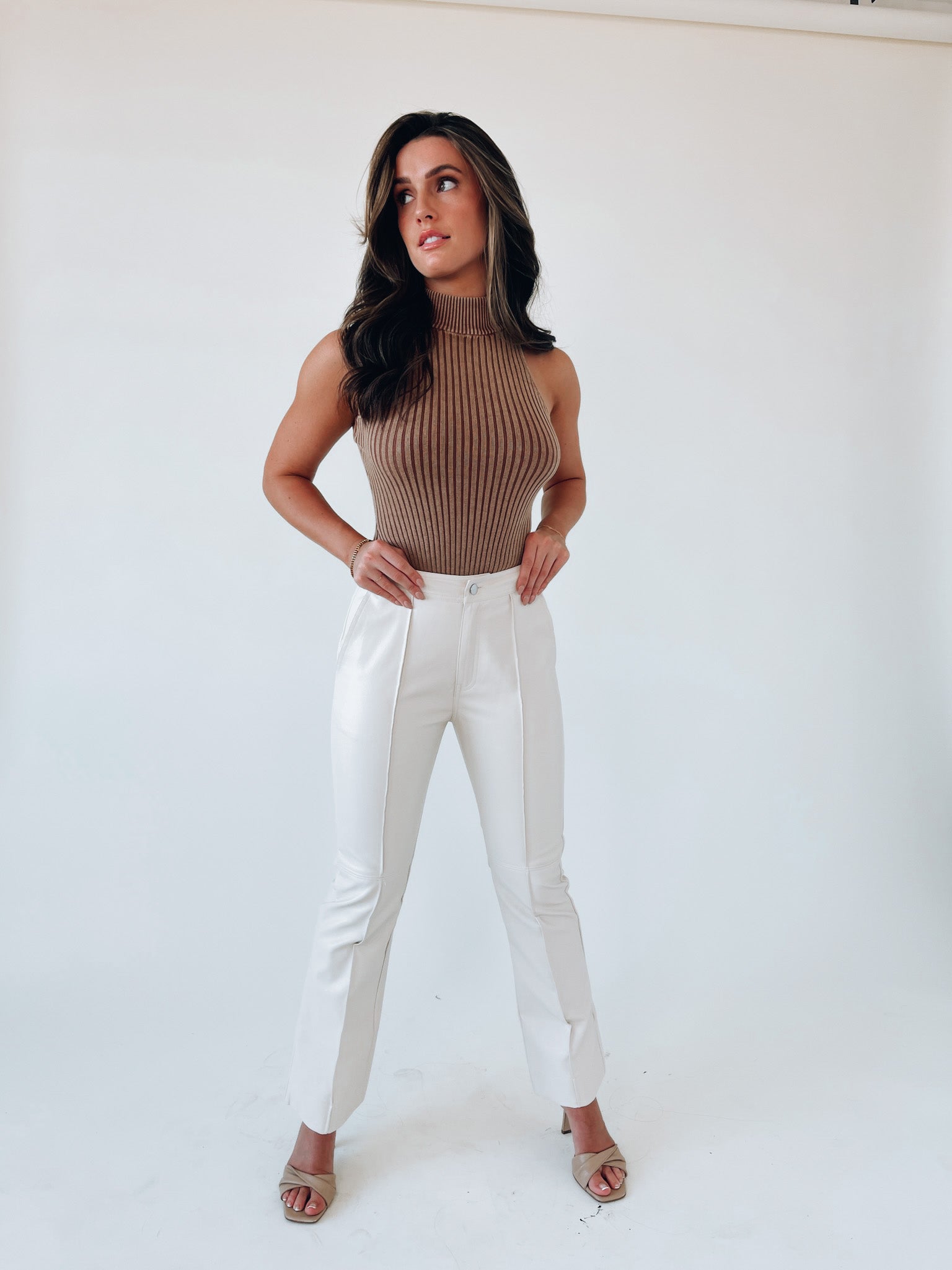 Cream Straight Leg Pleather Pants