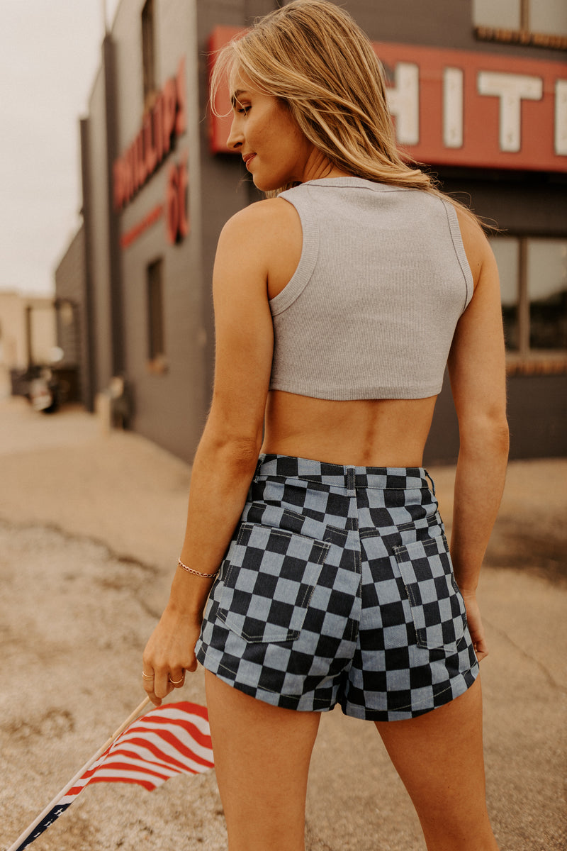 Blue Checkered Denim Shorts