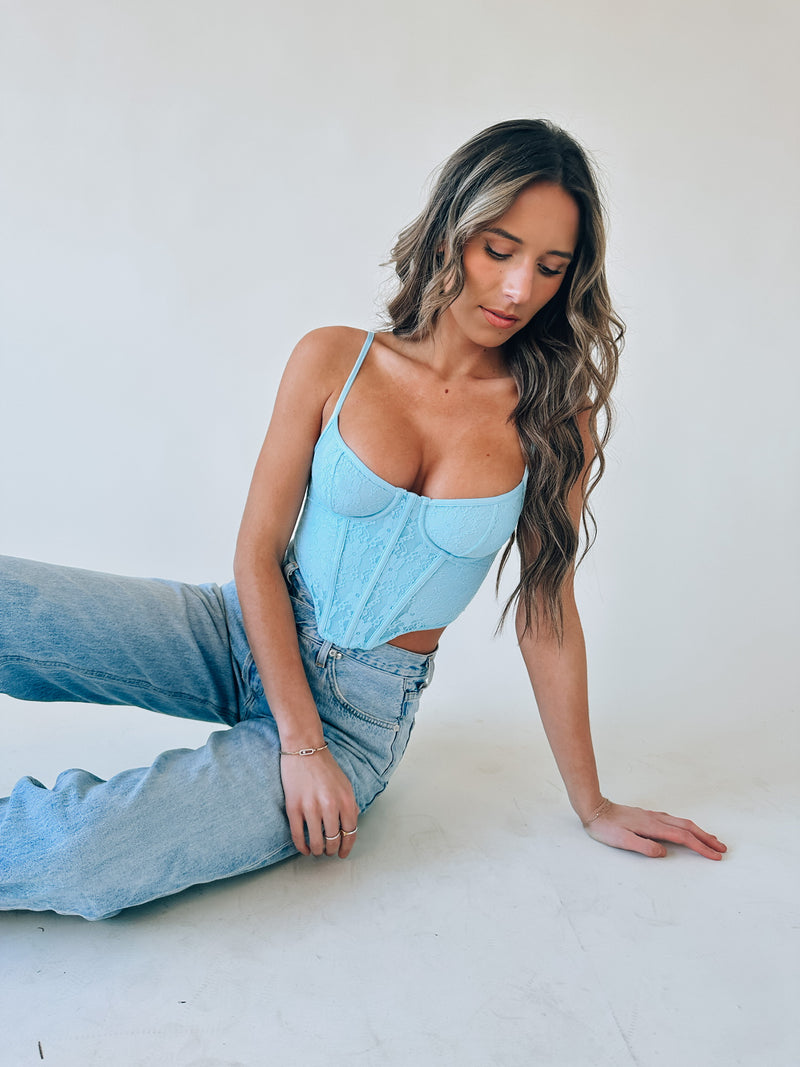 RESTOCKED: Baylor Lace Bustier Top In Baby Blue