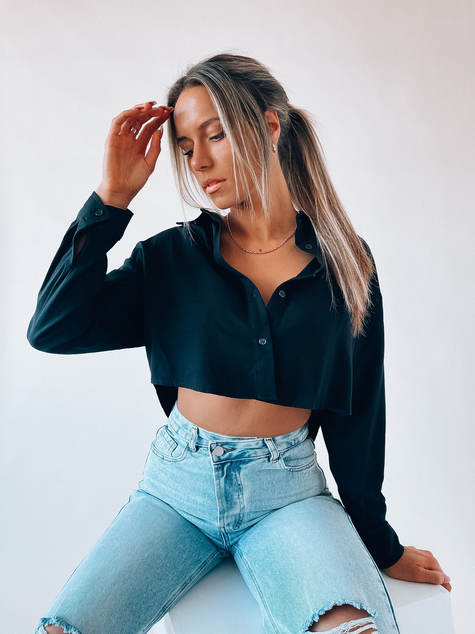 SALE :Black Cropped Button Down