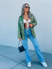 Green Pleather Belted Shacket