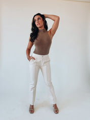 Cream Straight Leg Pleather Pants