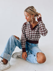 Houndstooth Collared Knit Top