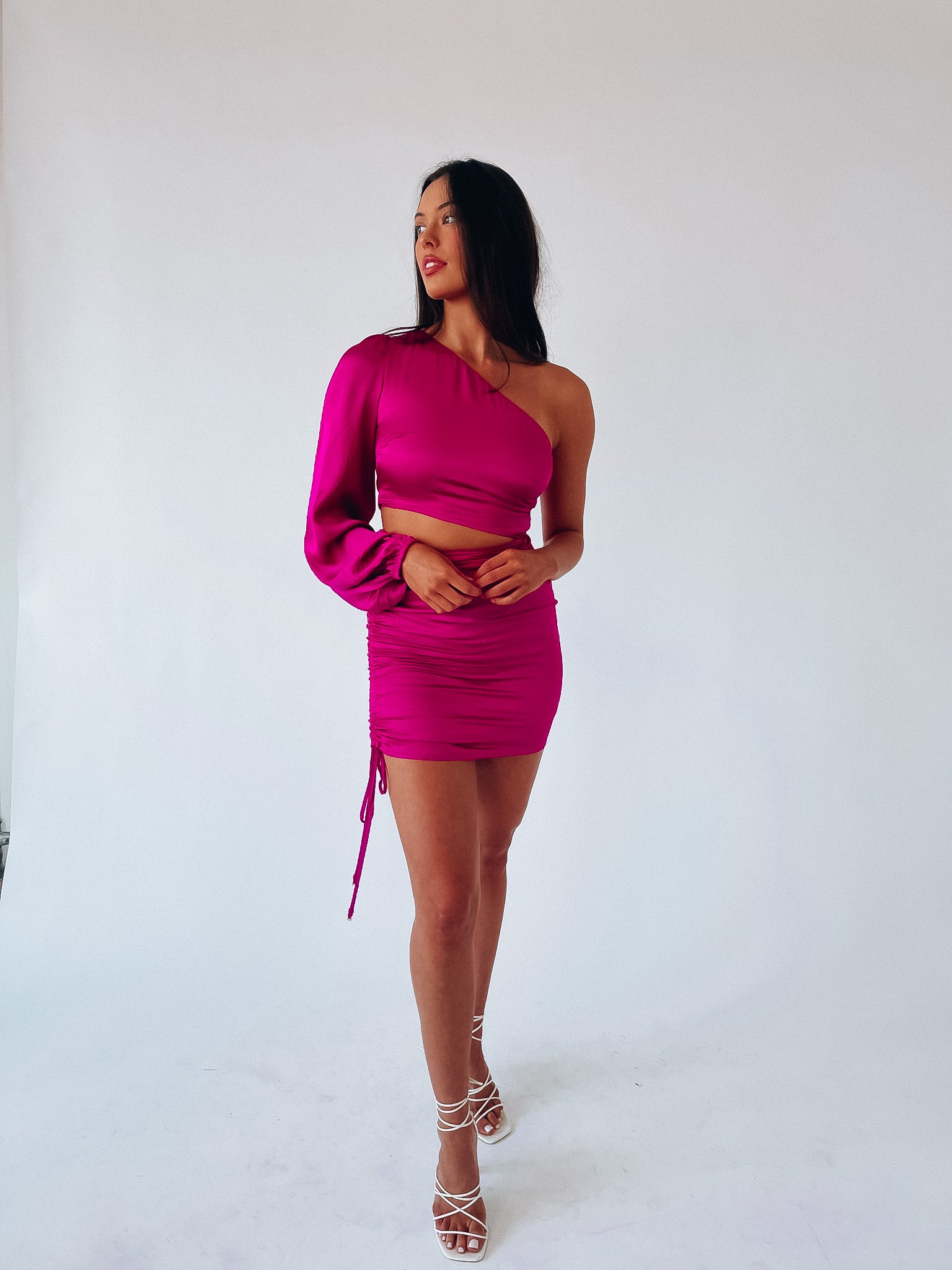 Penelope Fuchsia One Sleeve Mini Dress