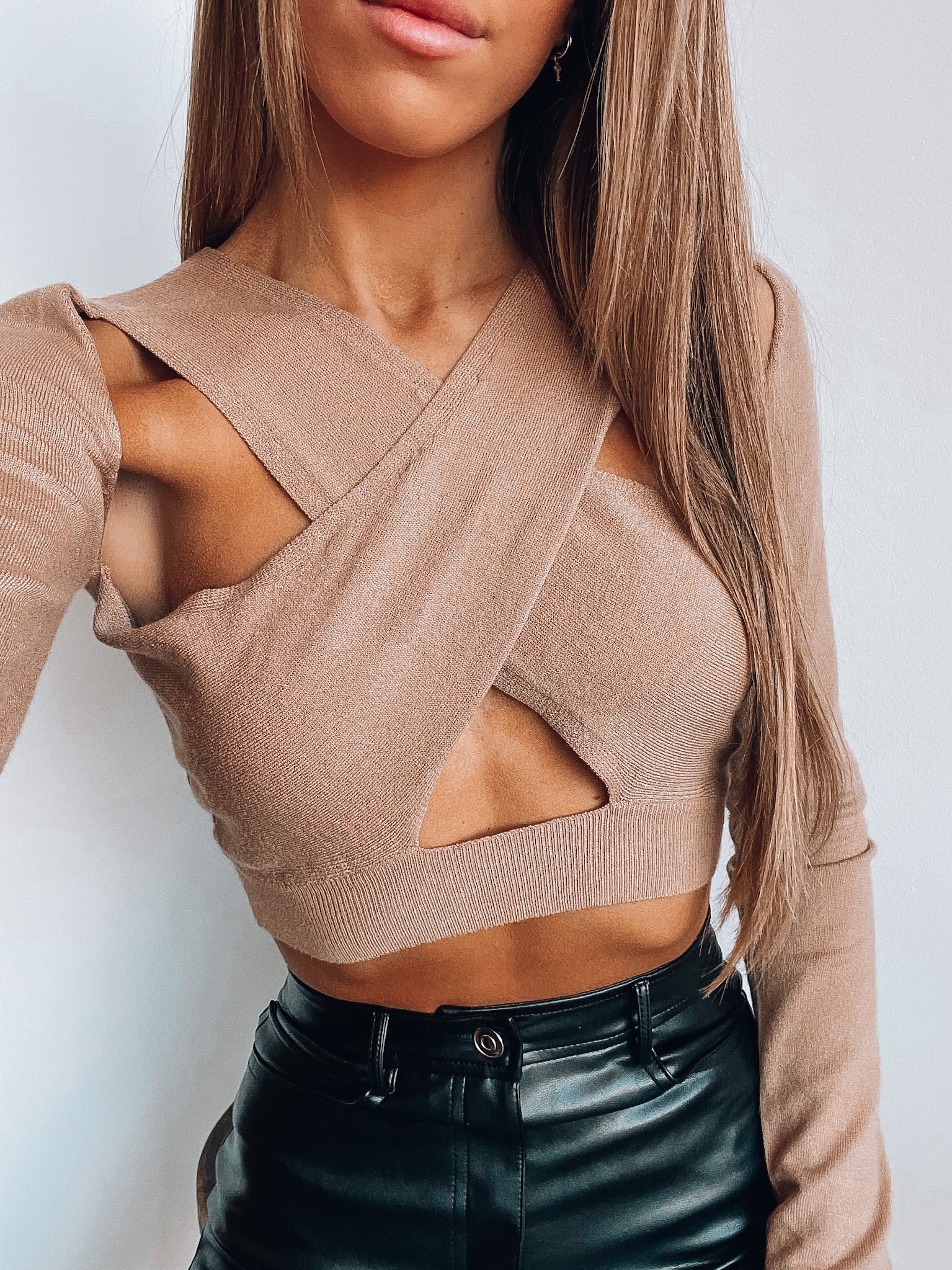 Lynn Taupe Criss Cross Knit Long Sleeve