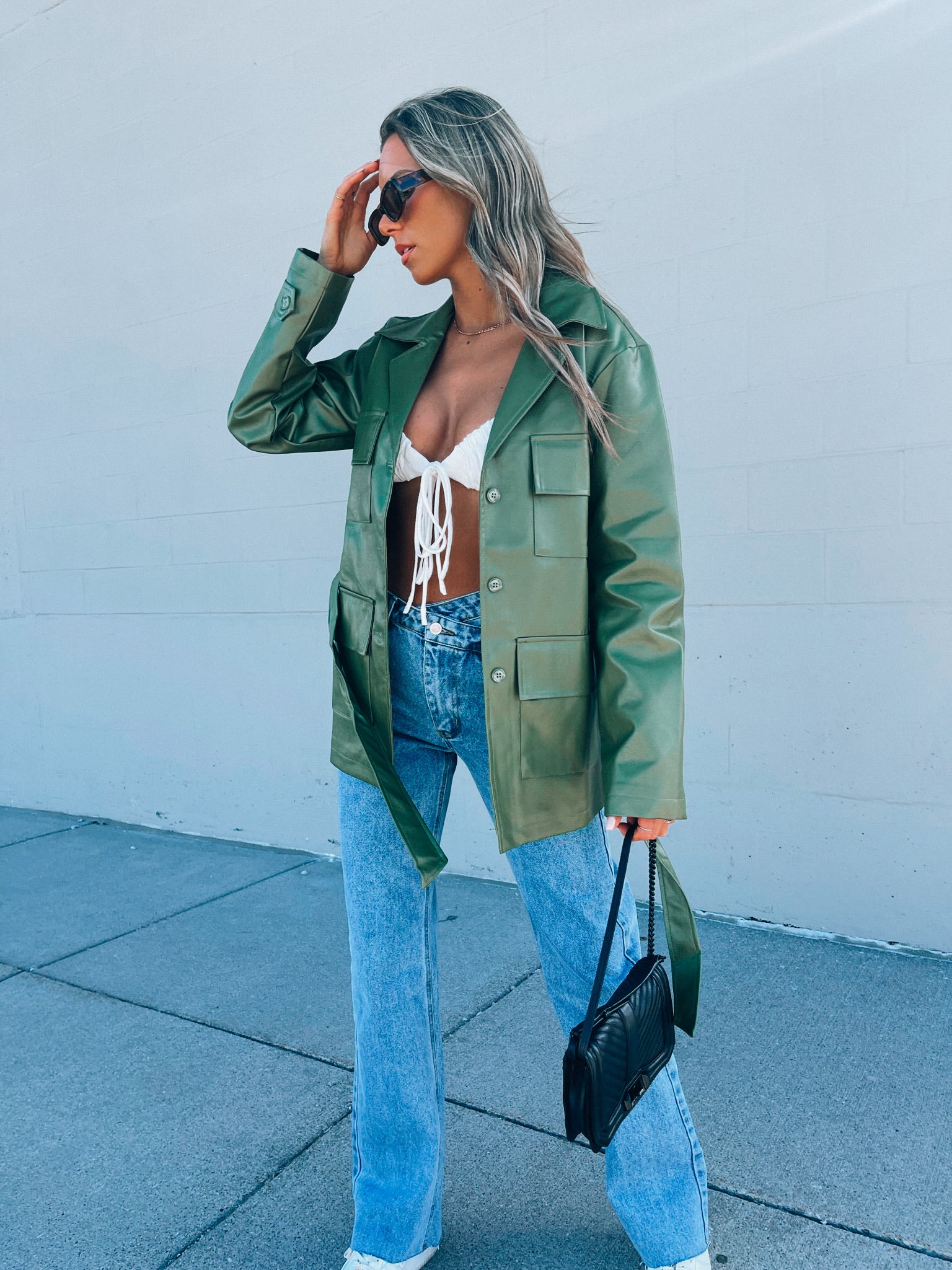 Green Pleather Belted Shacket
