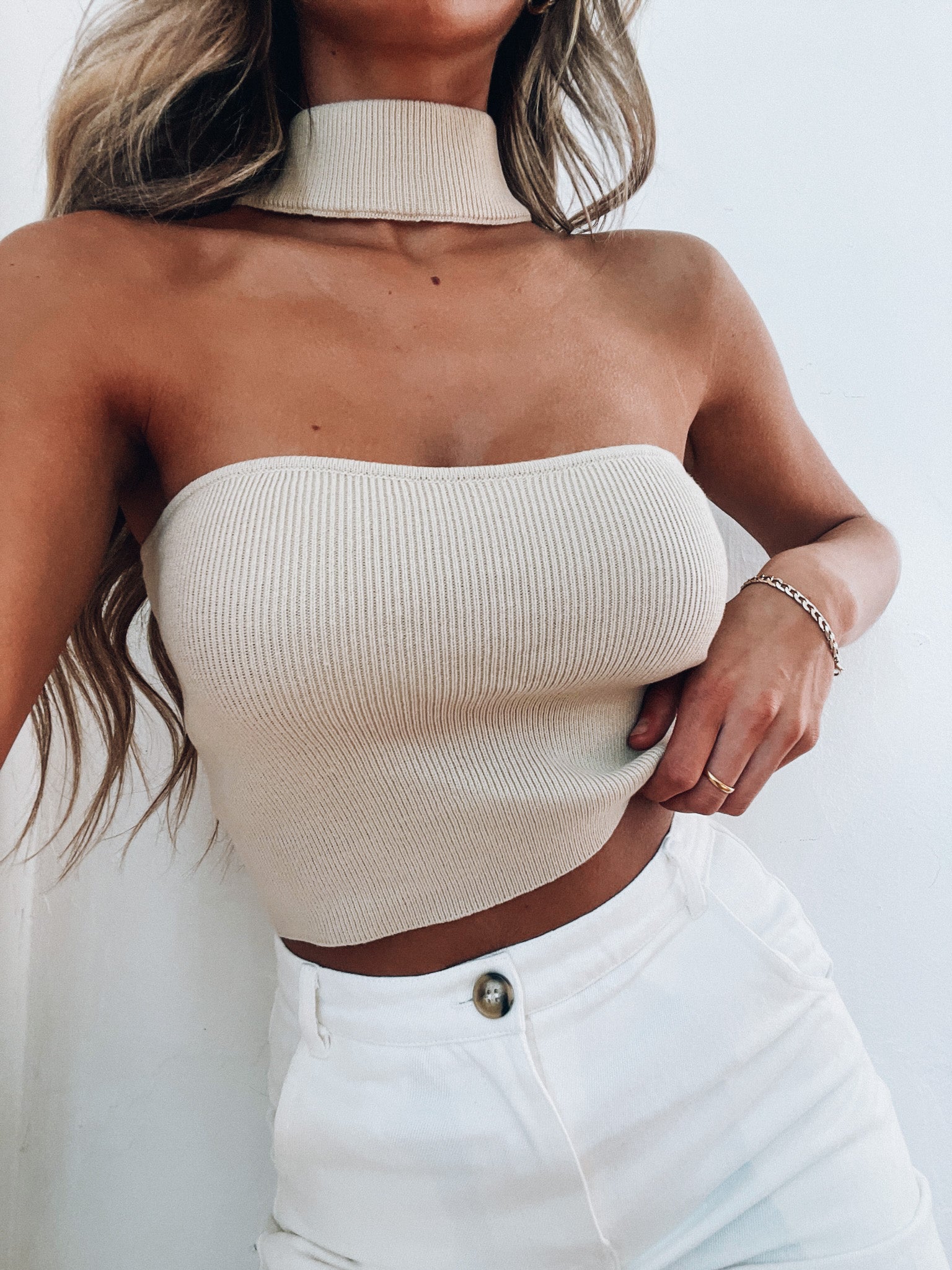 Camila Beige Mock Neck Top