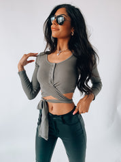 Olive Cropped Henley Wrap Top