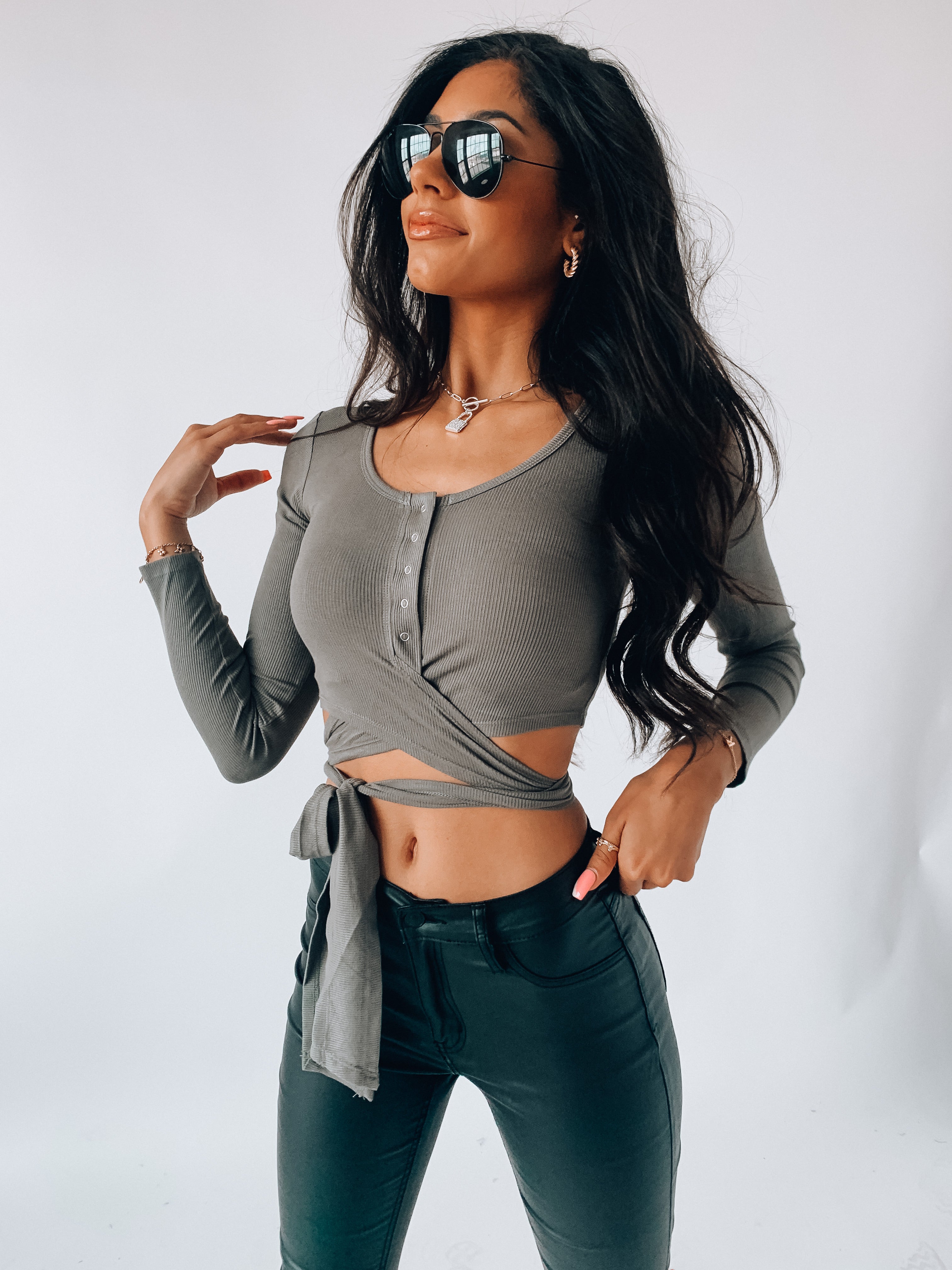 Olive Cropped Henley Wrap Top