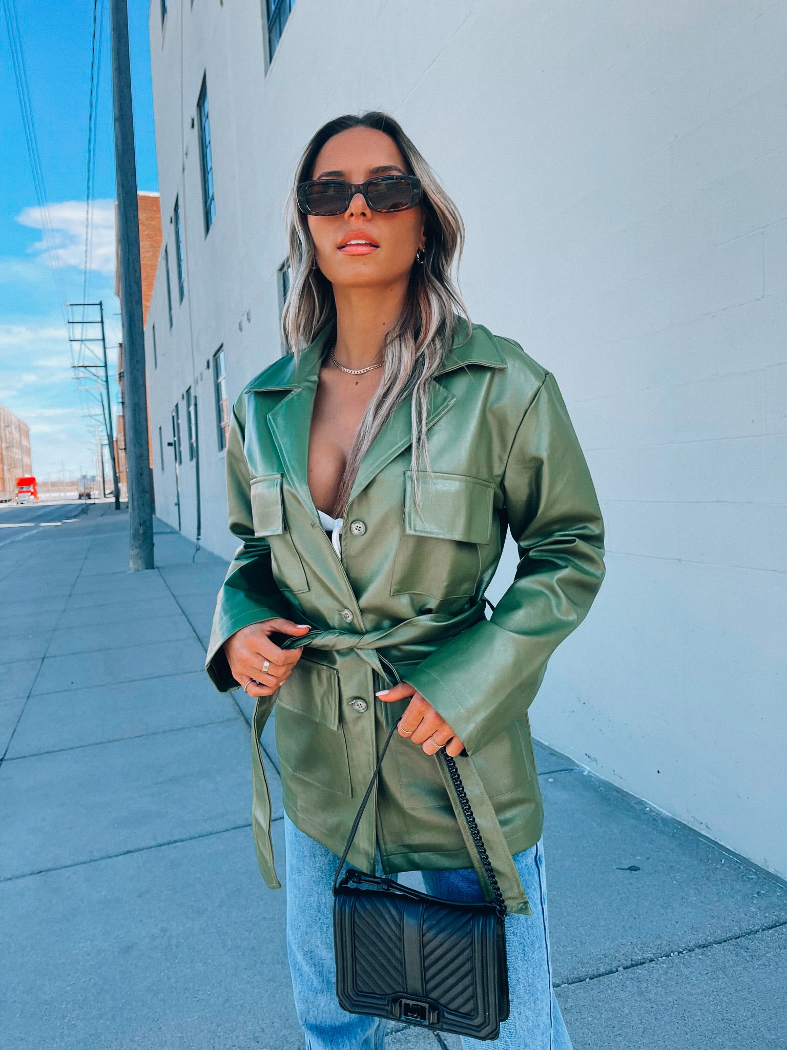 Green Pleather Belted Shacket