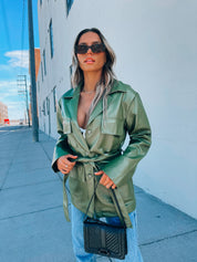 Green Pleather Belted Shacket