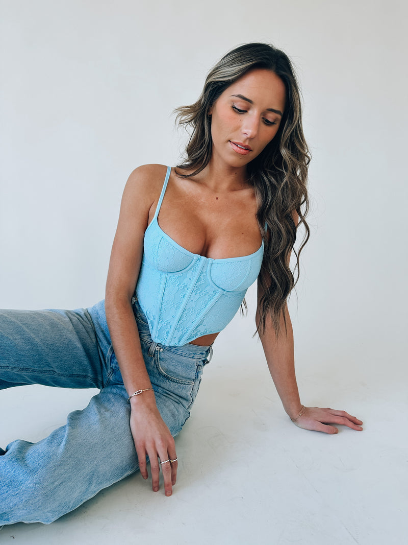 RESTOCKED: Baylor Lace Bustier Top In Baby Blue