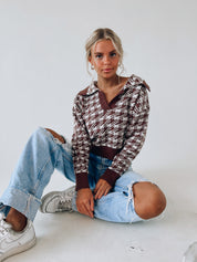 Houndstooth Collared Knit Top