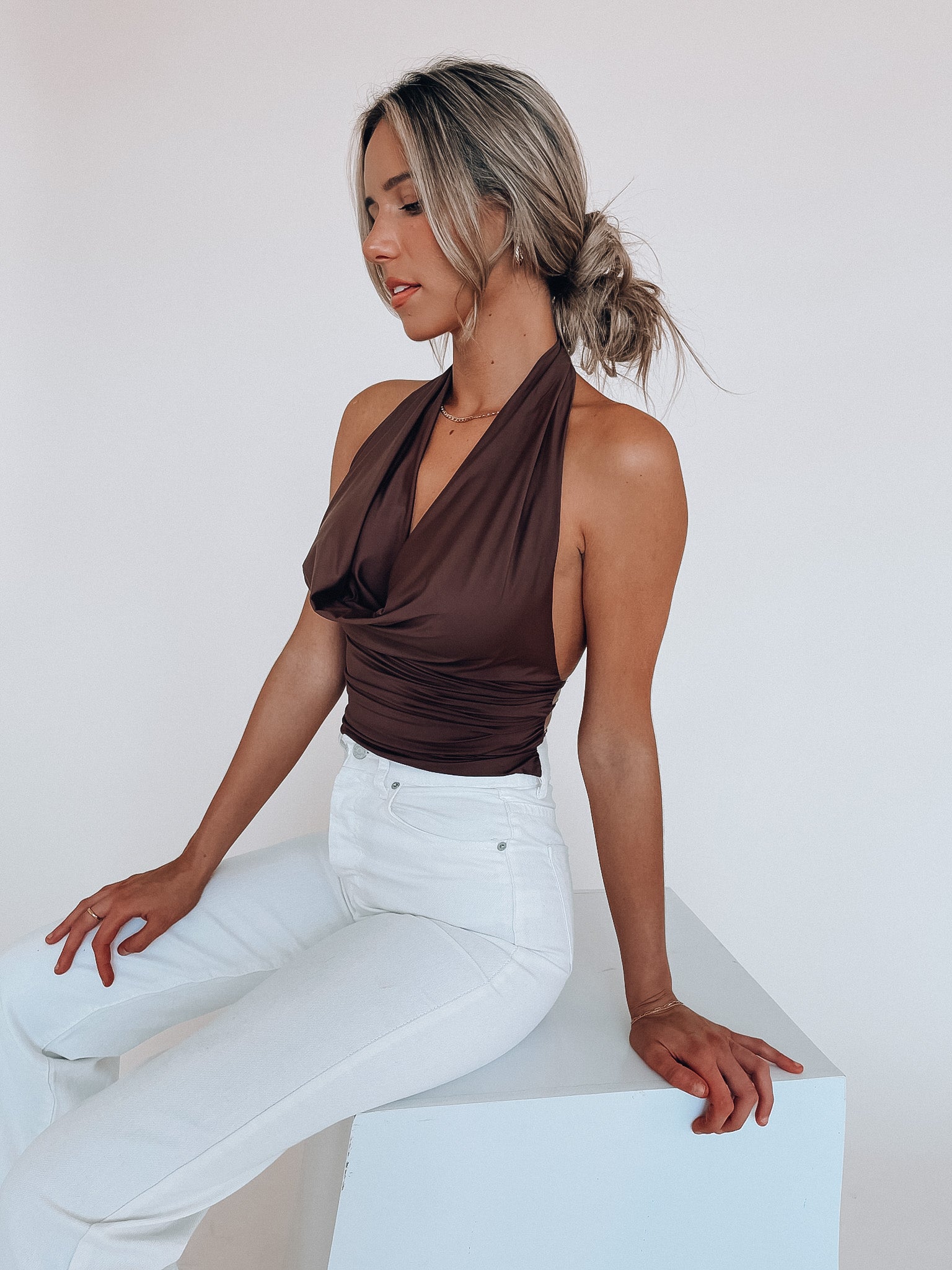 Fayley Cowl Neck Halter Top In Brown