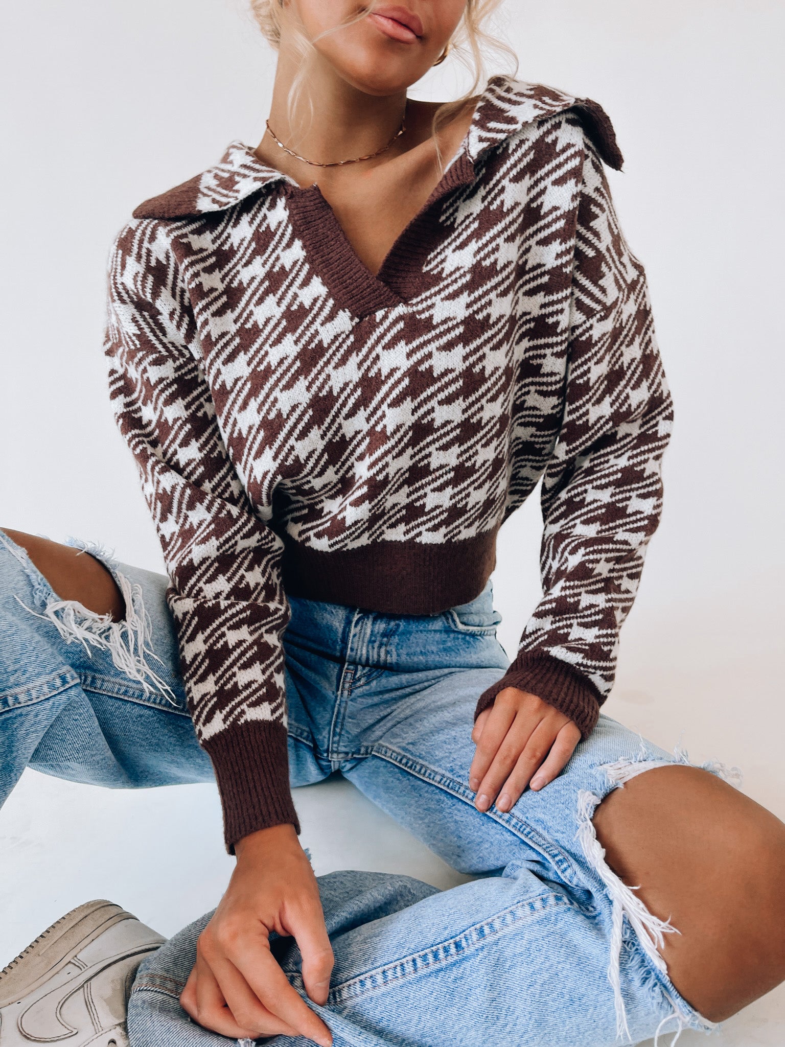 Houndstooth Collared Knit Top