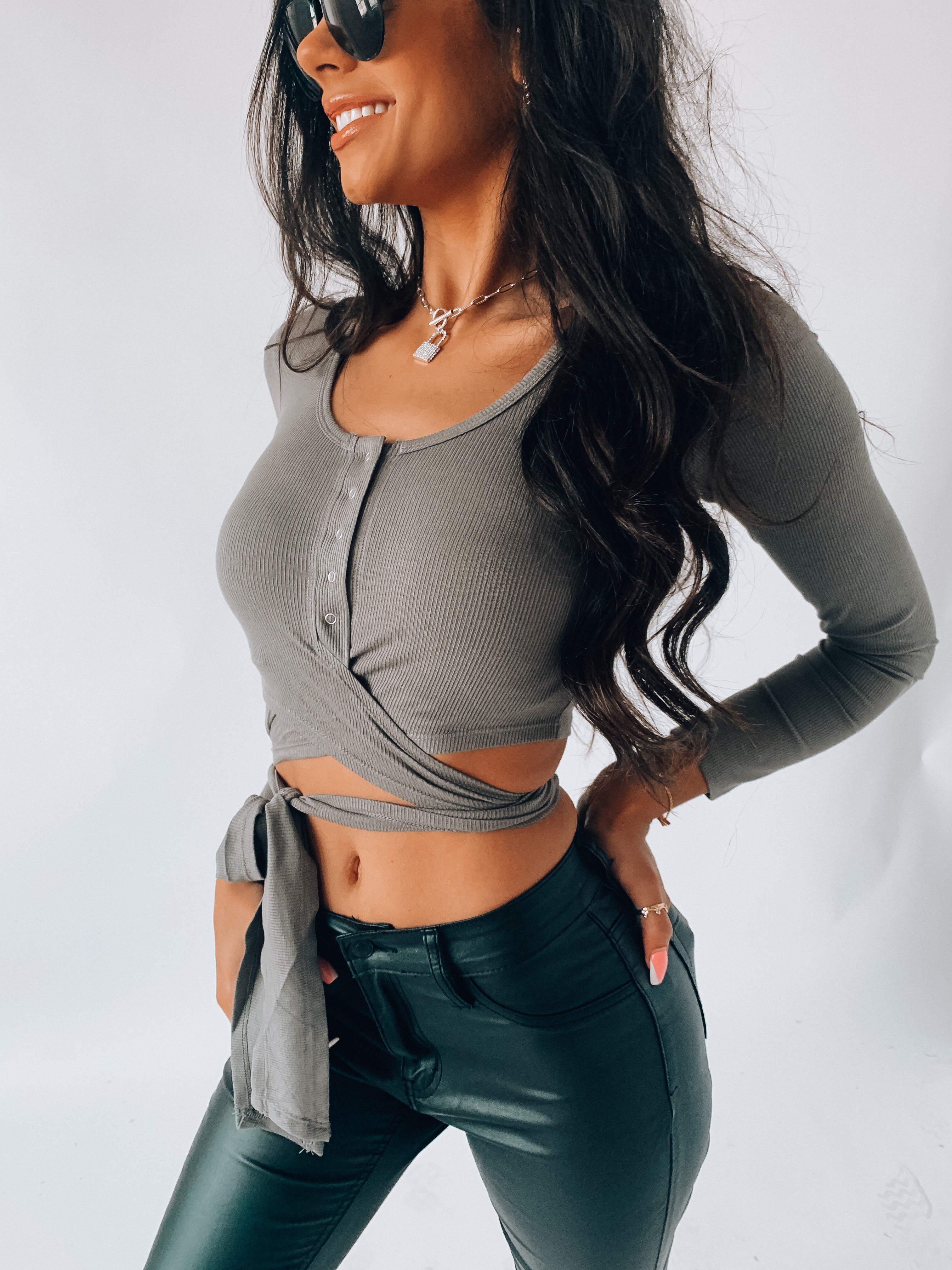 Olive Cropped Henley Wrap Top