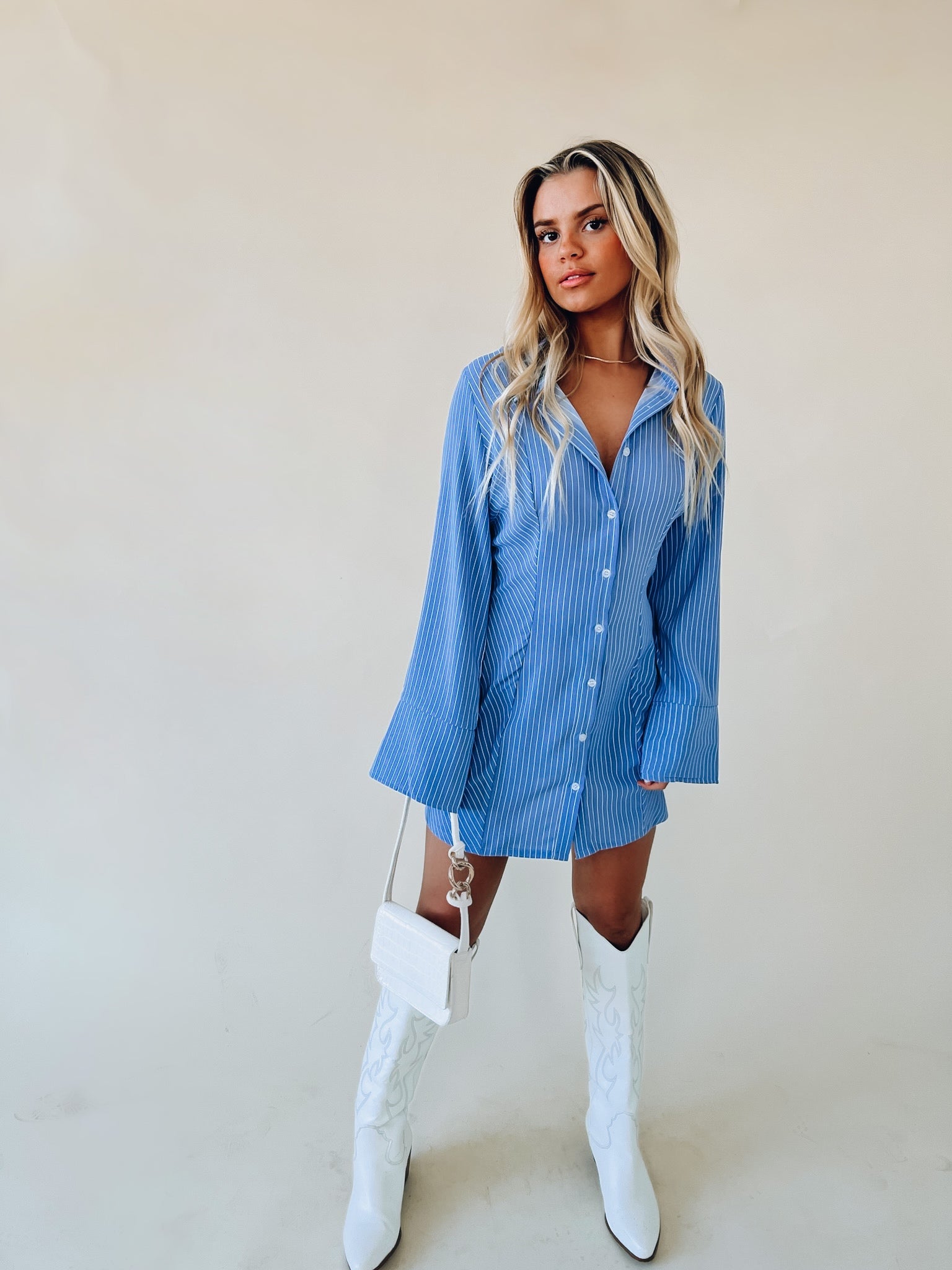 RESTOCKED :Striped Long Sleeve Mini Shirt Dress