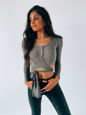 Olive Cropped Henley Wrap Top