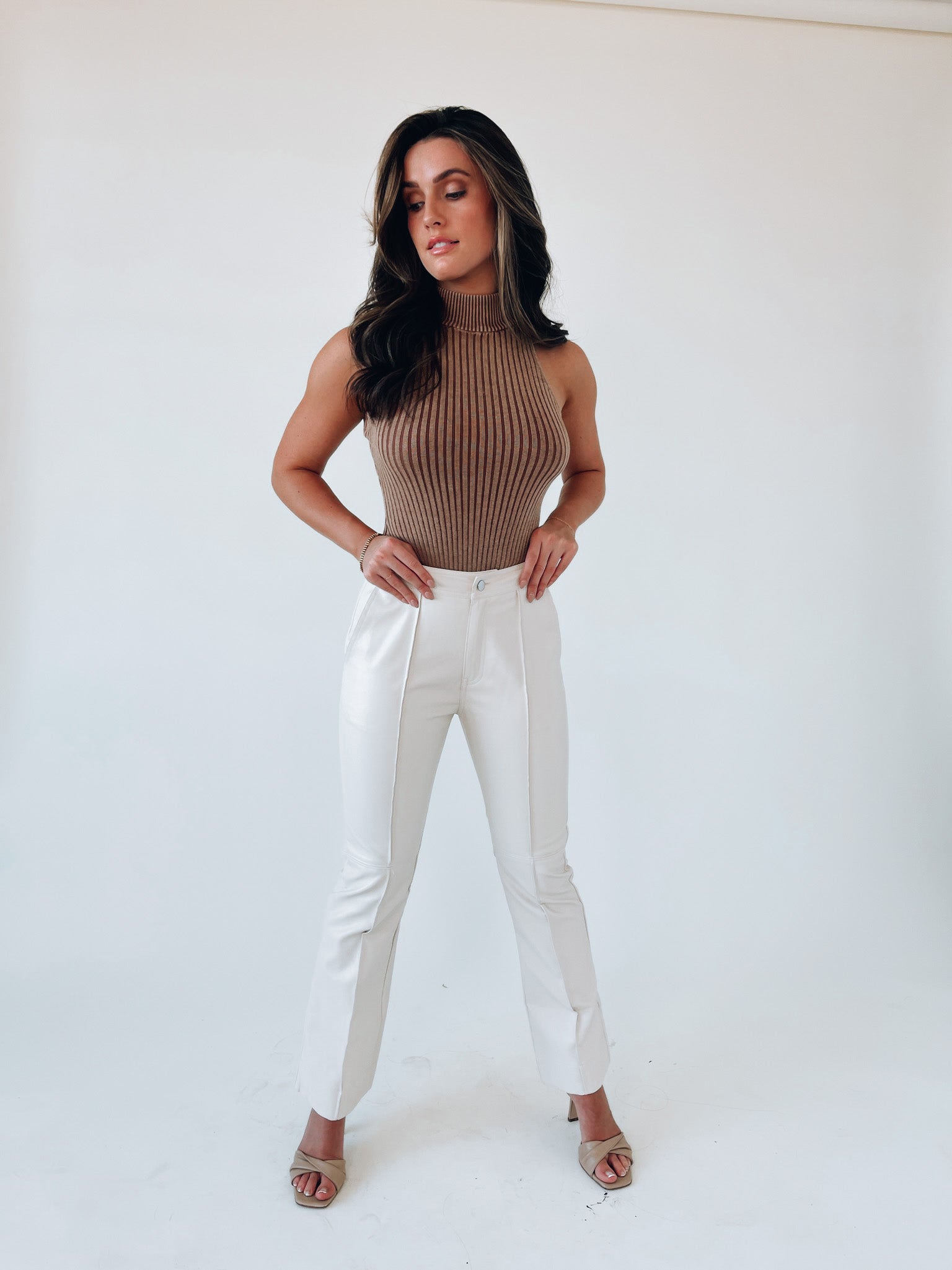 Cream Straight Leg Pleather Pants