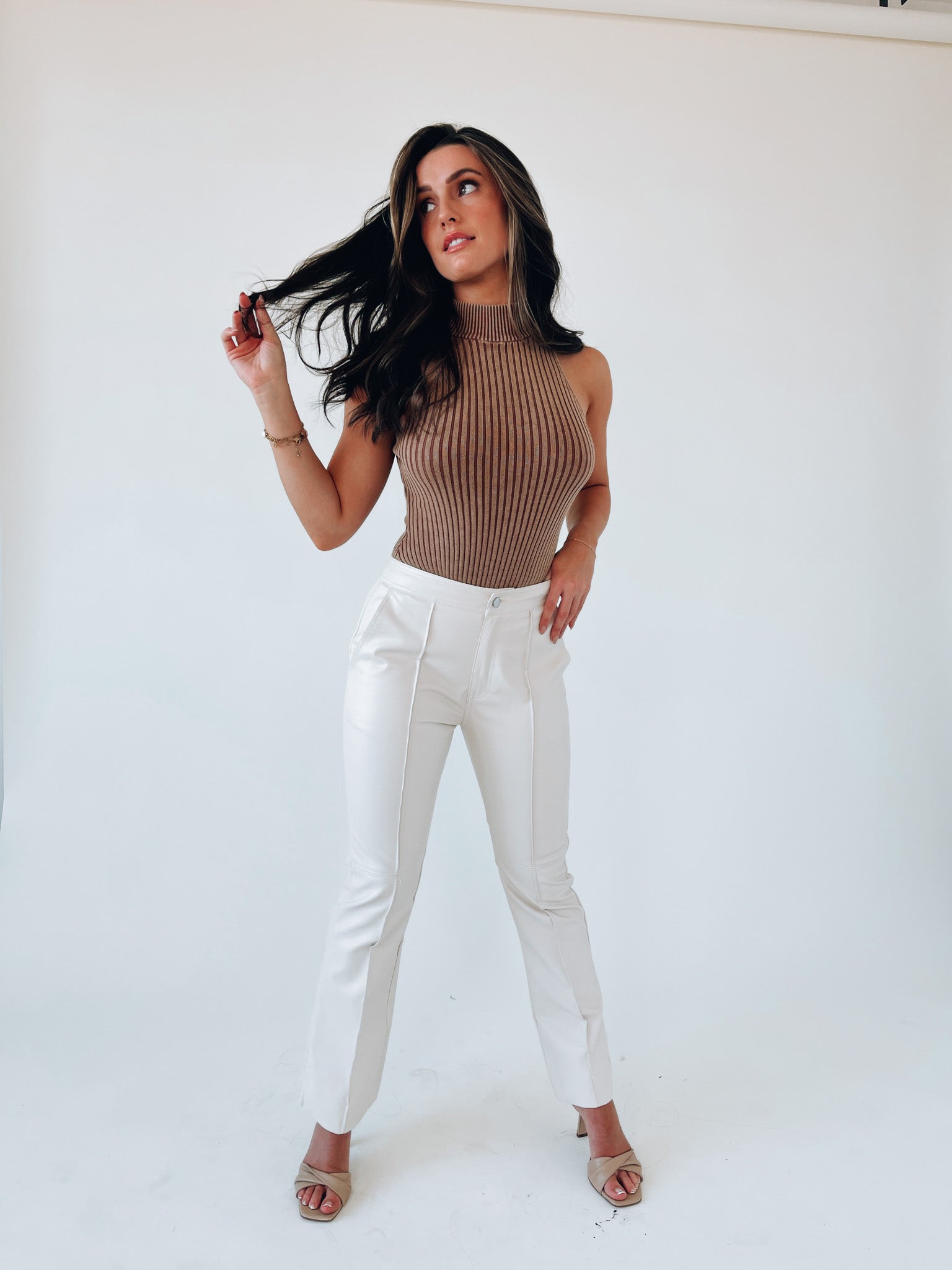 Cream Straight Leg Pleather Pants