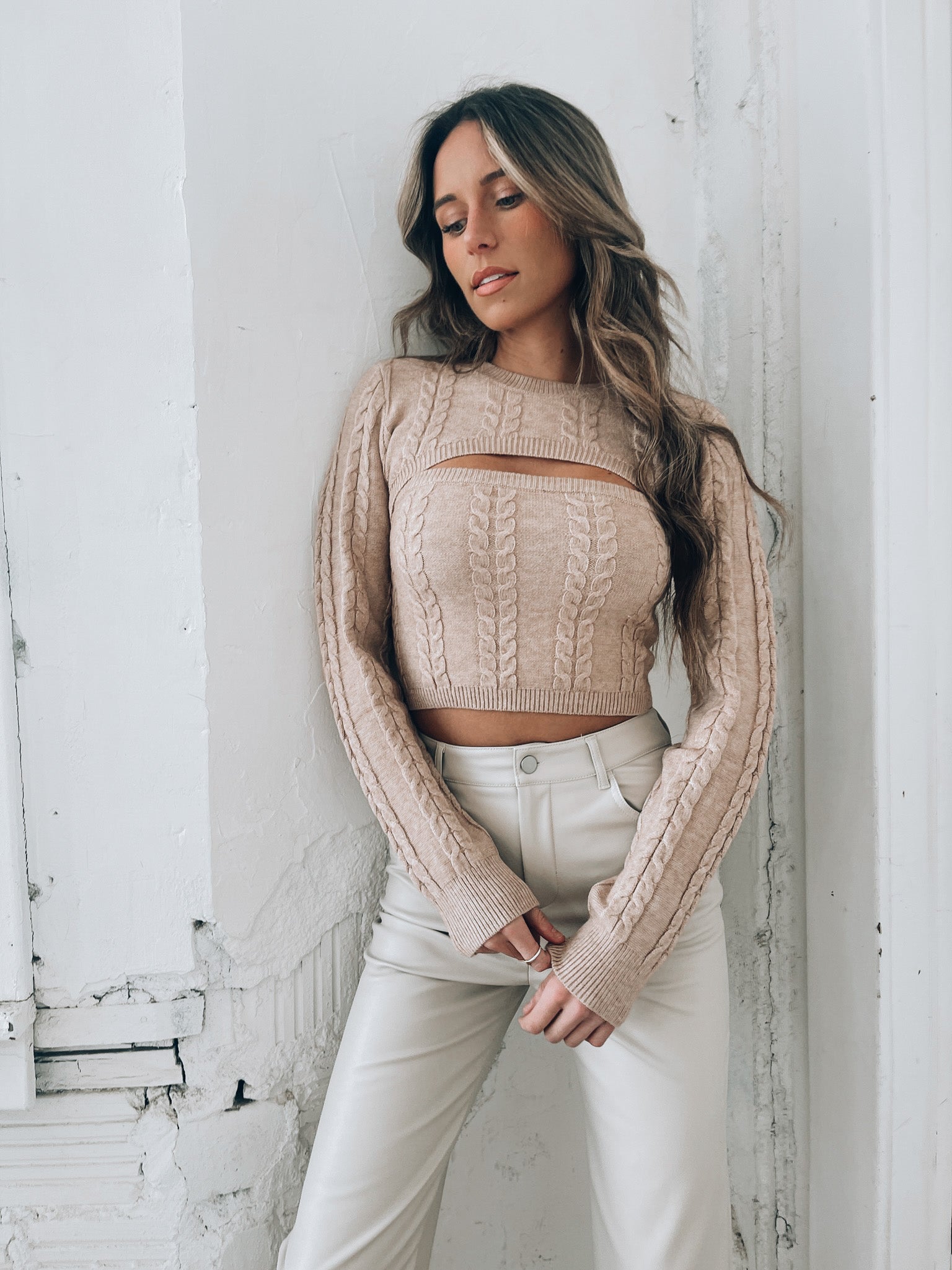 Elle Shrug  Sweater Set In Tan