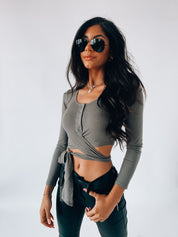 Olive Cropped Henley Wrap Top