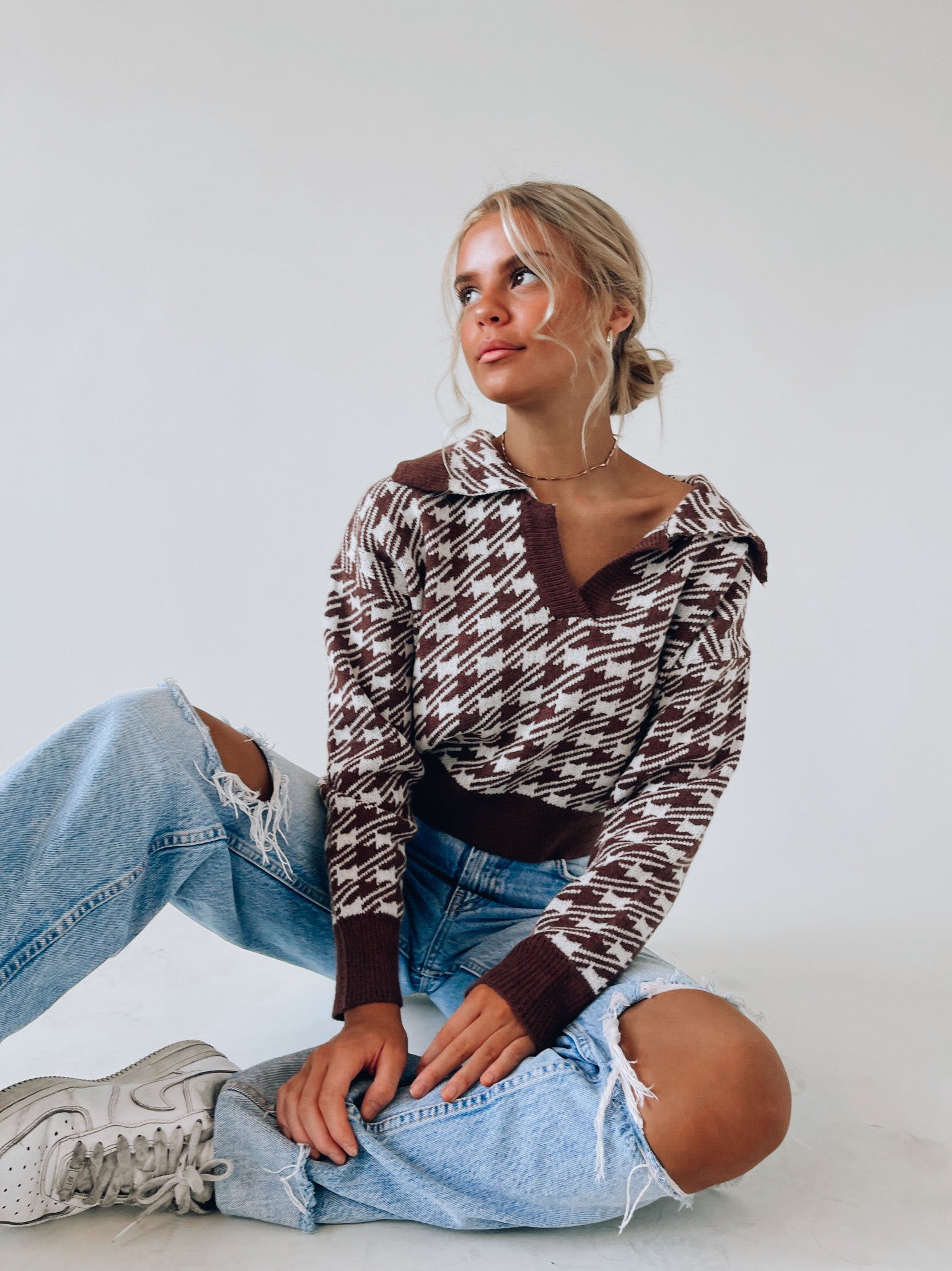 Houndstooth Collared Knit Top