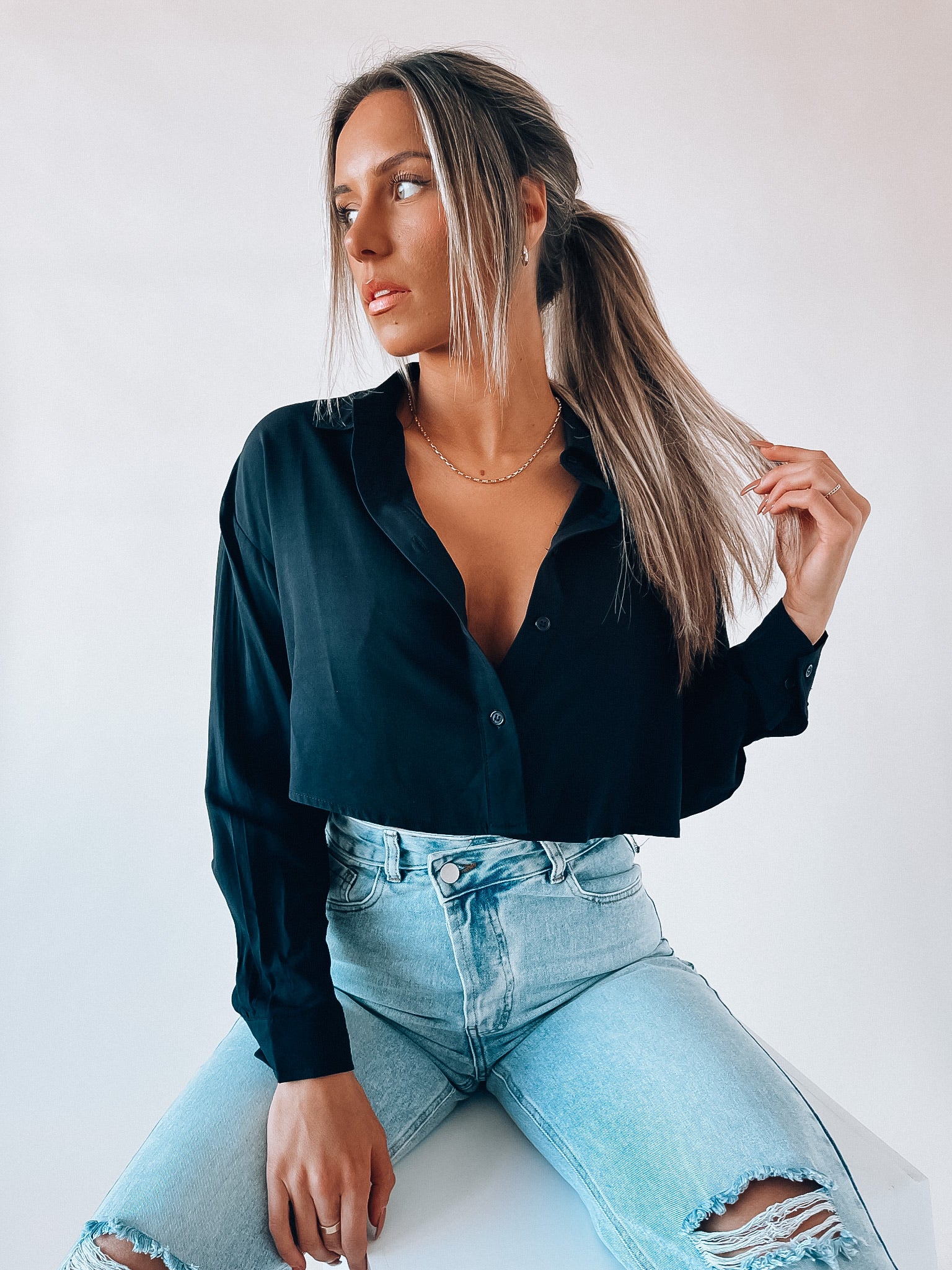 SALE :Black Cropped Button Down