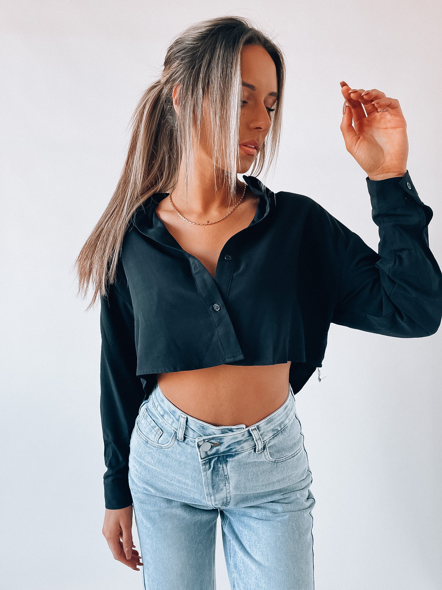 SALE :Black Cropped Button Down