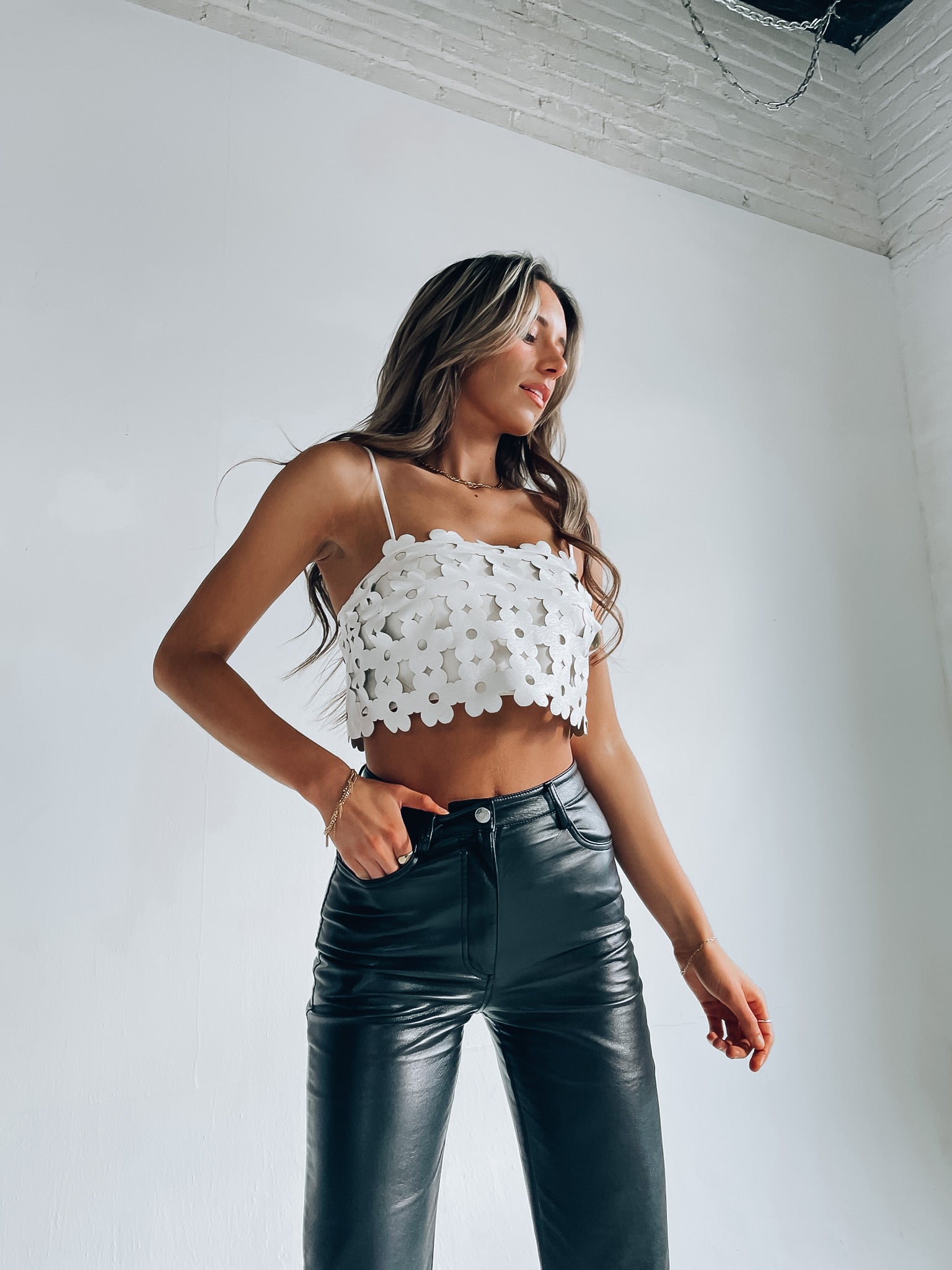 Nadya Patterned Leather Crop Top