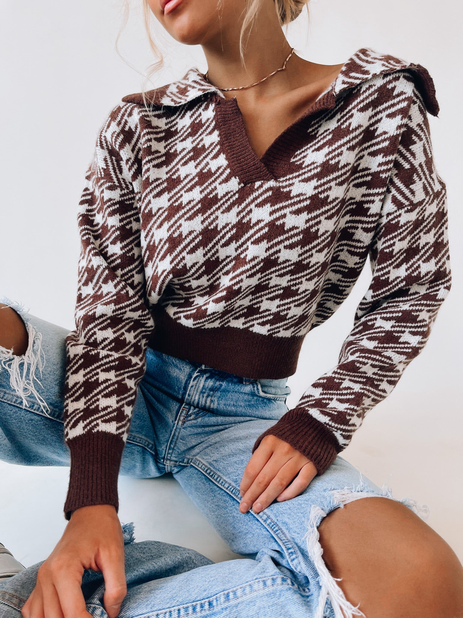 Houndstooth Collared Knit Top