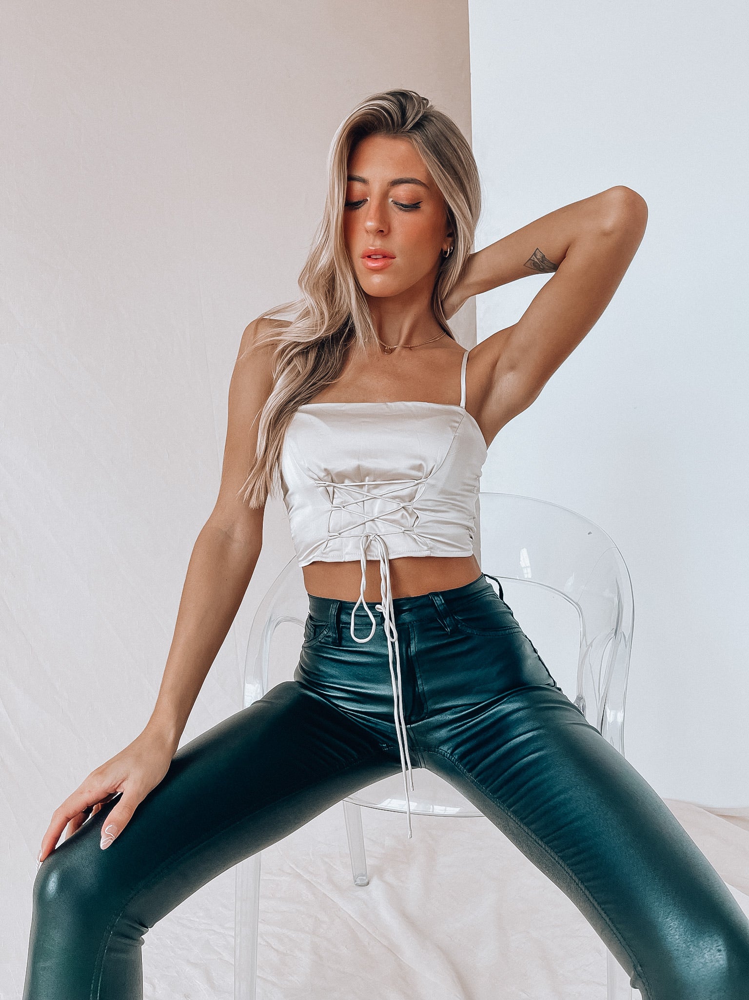 SALE :Emori Lace Up Satin Crop