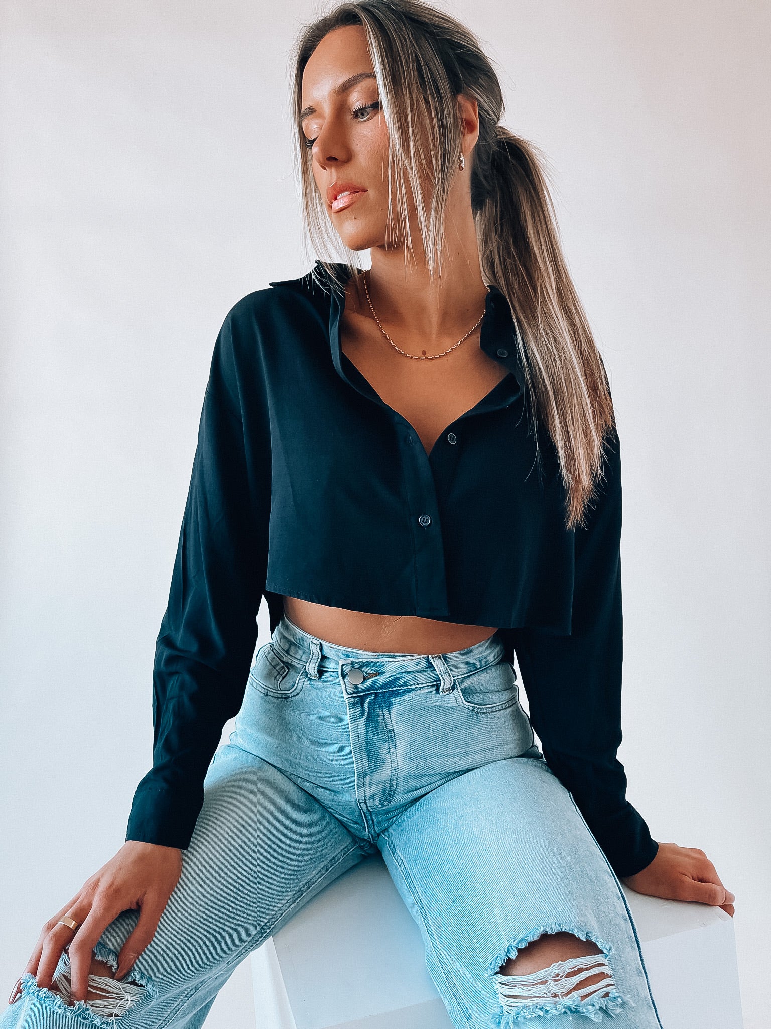 SALE :Black Cropped Button Down