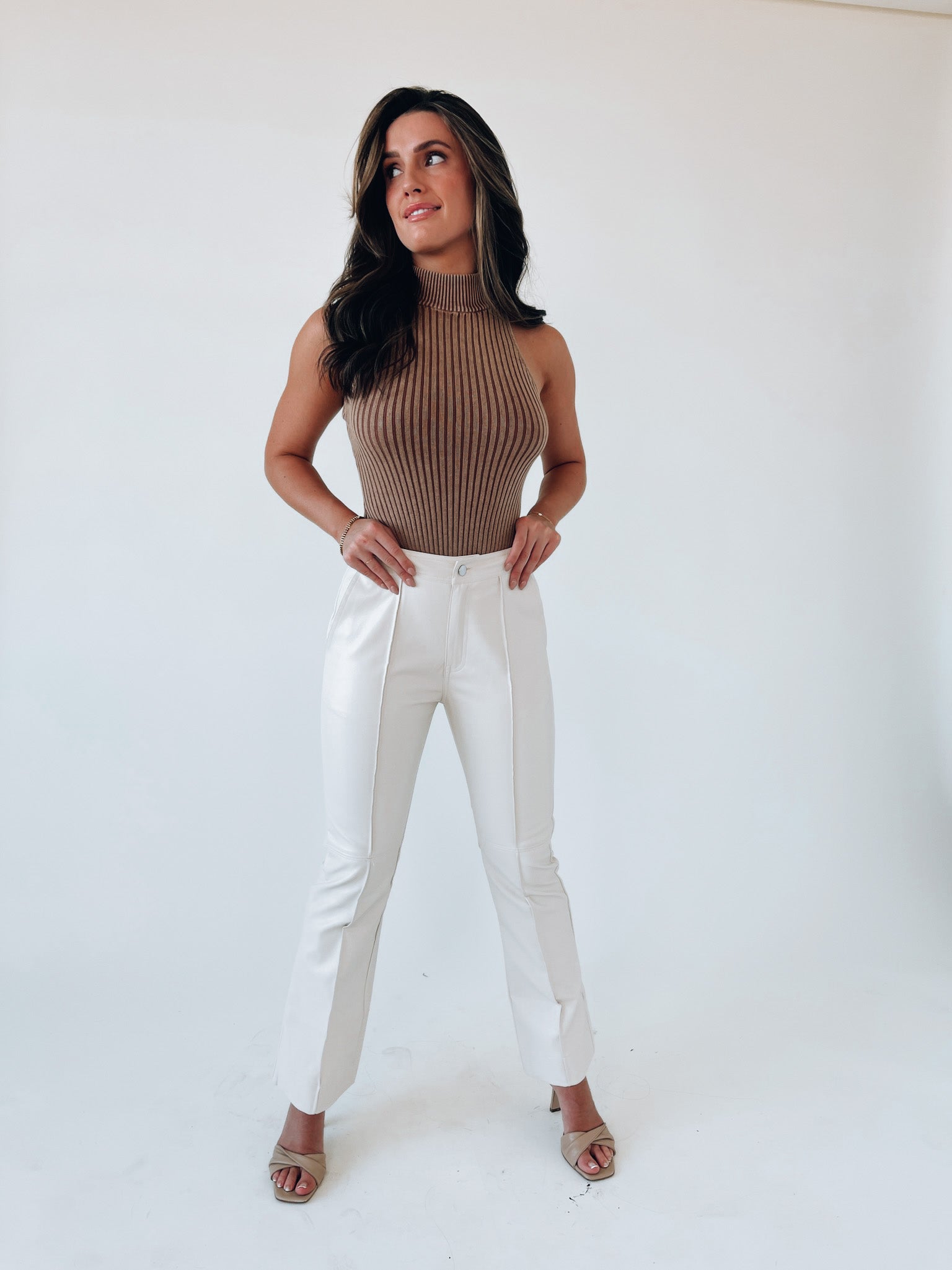 Cream Straight Leg Pleather Pants