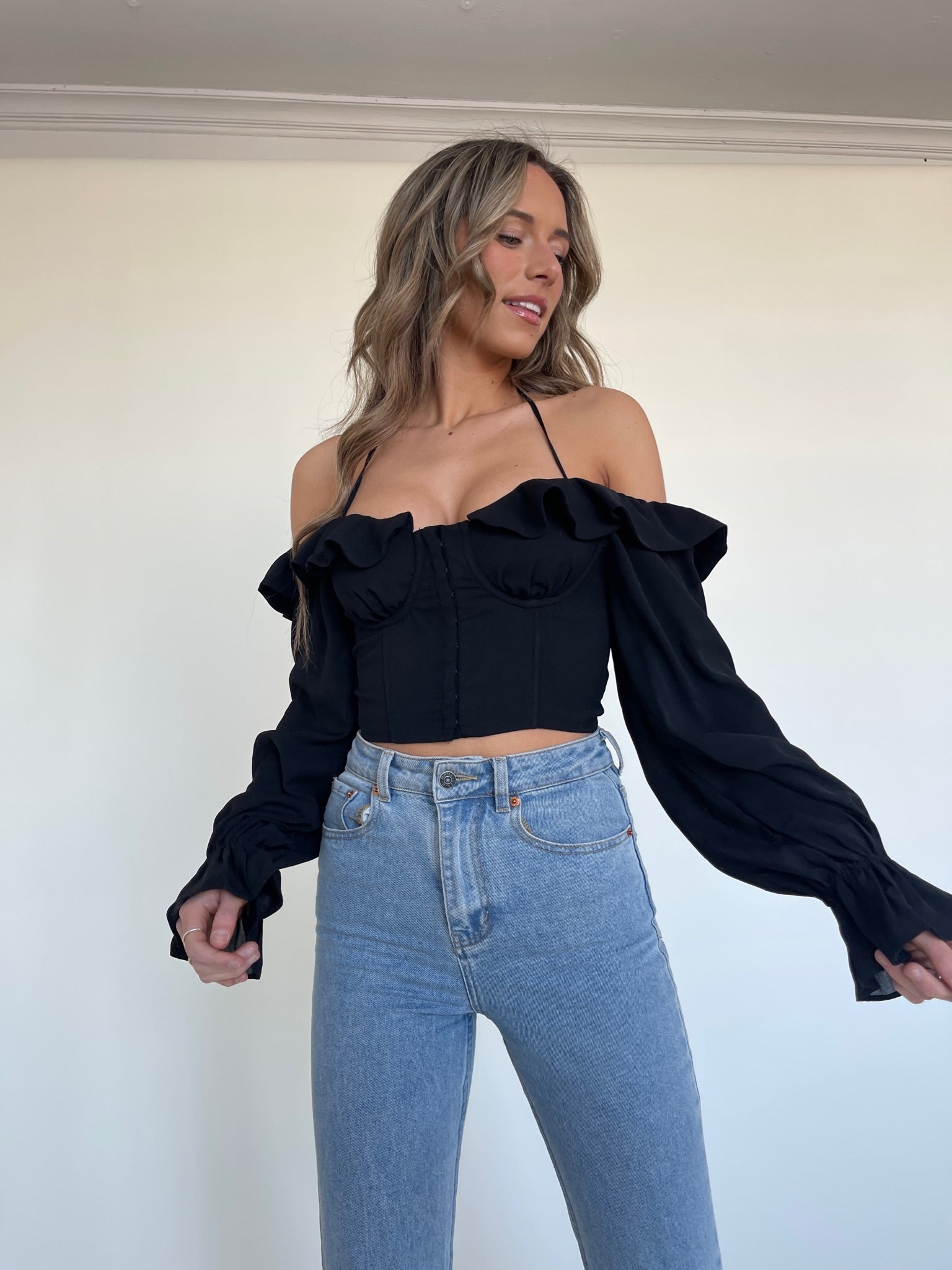SALE :Alena Off The Shoulder Bustier Top In Black