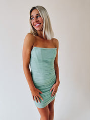 Brinlee Ruched Strapless Mini Dress In Sage
