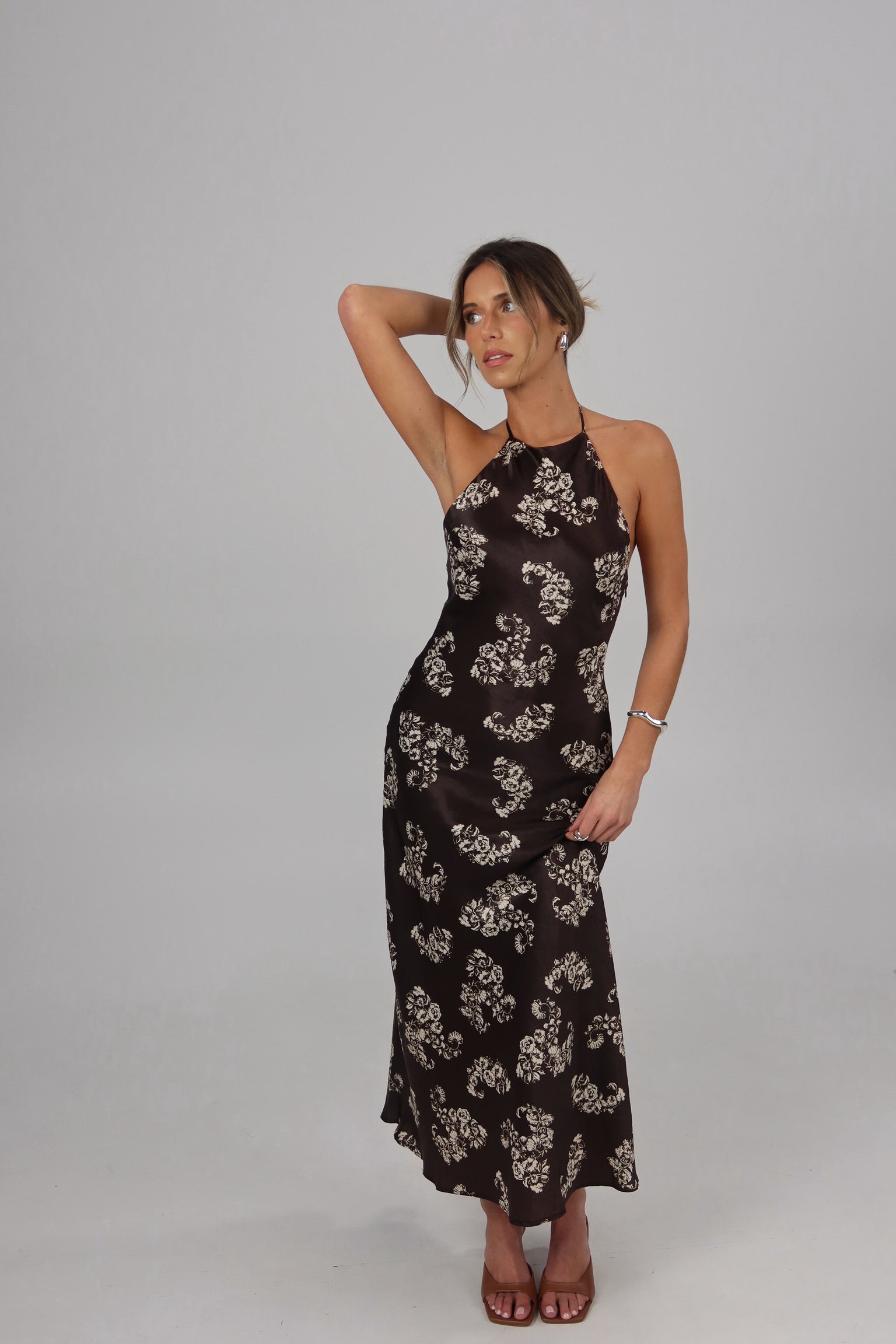 Vivienne Brown Floral Open Back Maxi Dress