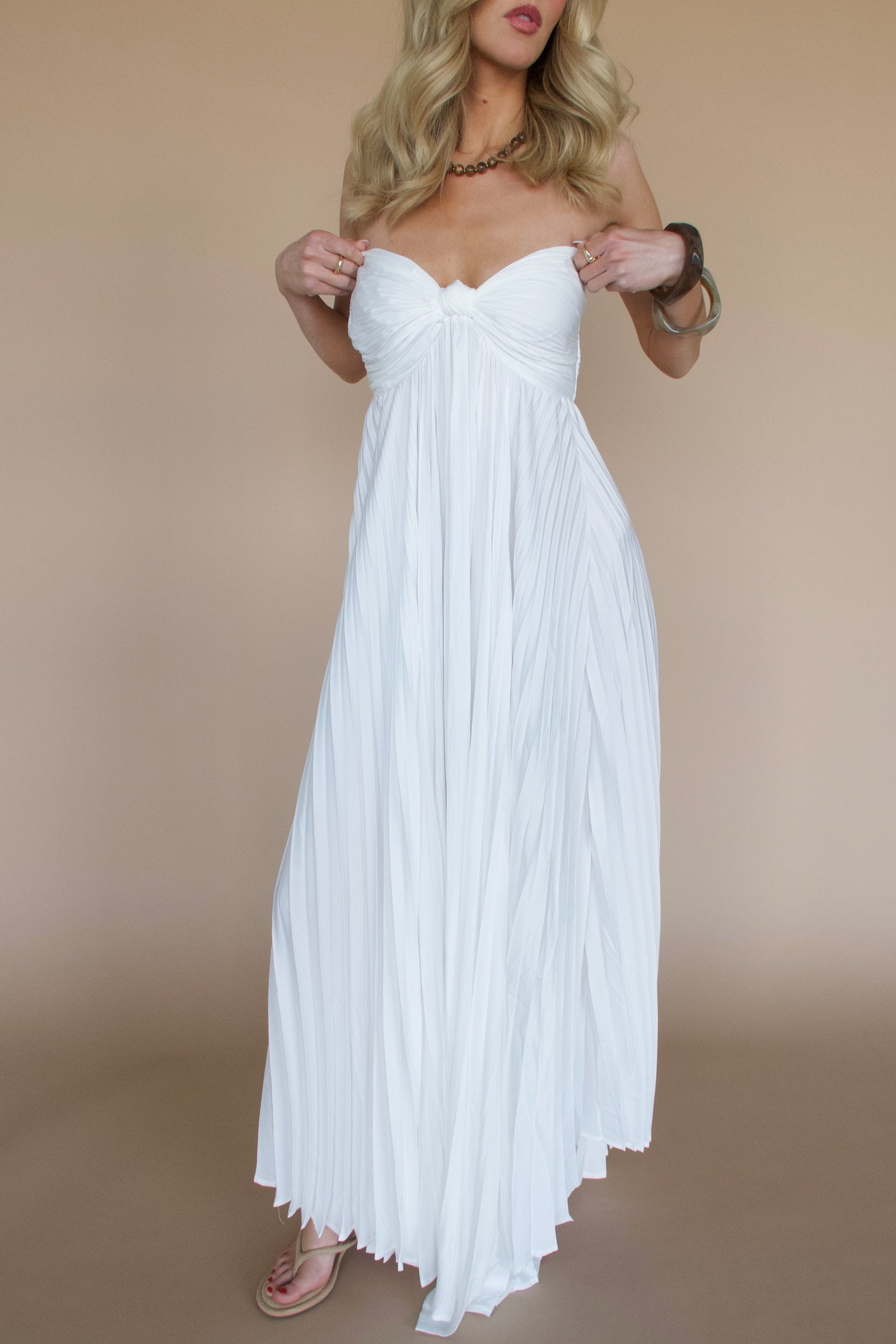 Strapless White Pleated Maxi Dress