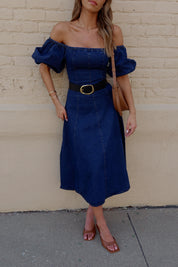 Denim Dreams Puff Sleeve A-Line Midi Dress