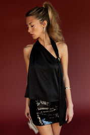 Black Satin Silver Trim Scarf Halter Top