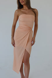 Jina Peach Wrap Strapless Midi Dress