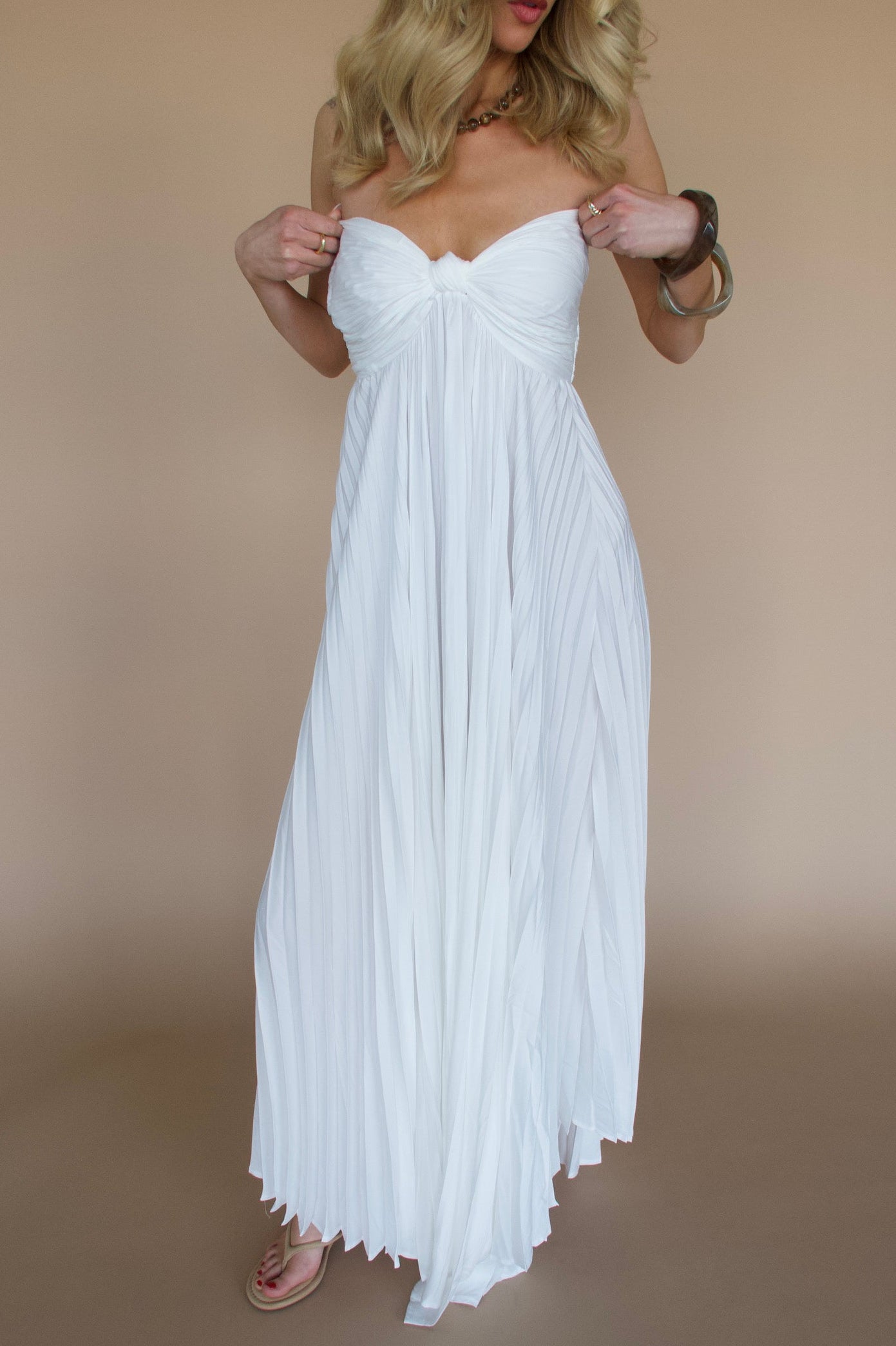 Strapless White Pleated Maxi Dress