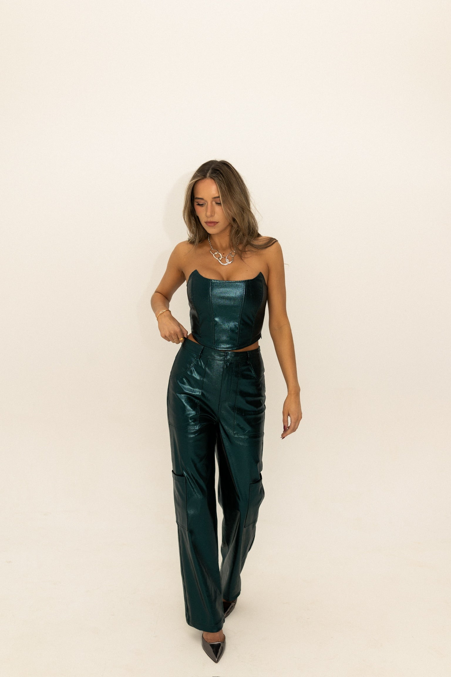 Gaia Teal Metallic Cargo Pants